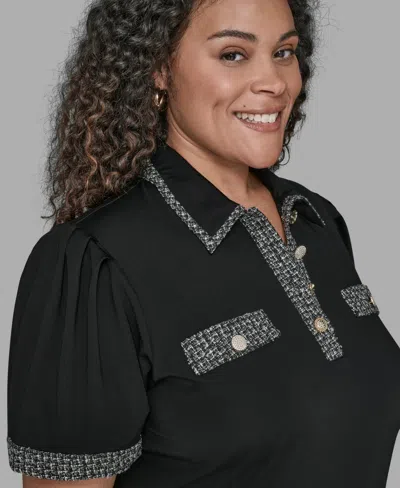 Karl Lagerfeld Women's Short Sleeve Tweed Trim Knit Top In Black