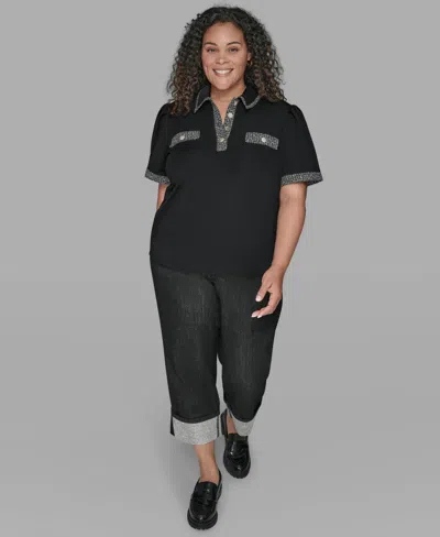 Karl Lagerfeld Women's Short Sleeve Tweed Trim Knit Top In Black