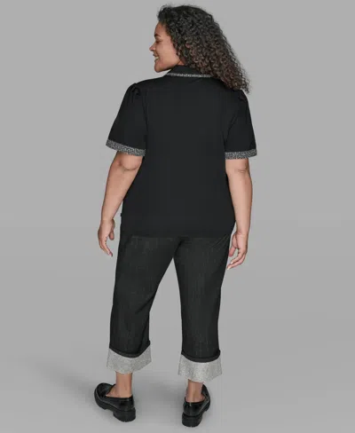 Karl Lagerfeld Women's Short Sleeve Tweed Trim Knit Top In Black