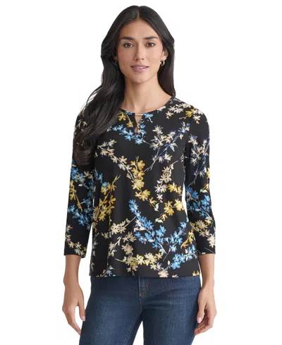 Jones New York Print Keyhole Three-quarter Sleeve Crepe Top In Multi