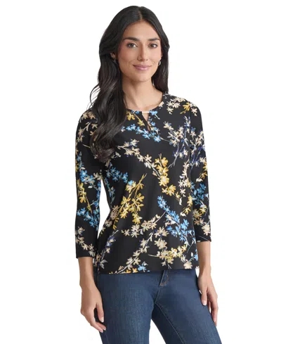 Jones New York Print Keyhole Three-quarter Sleeve Crepe Top In Multi
