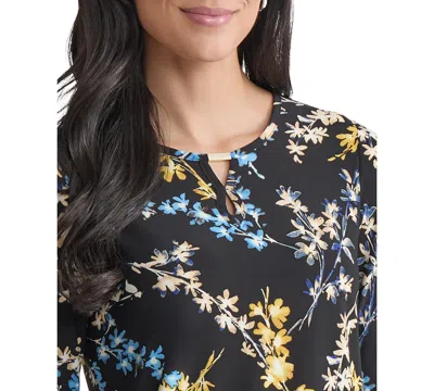 Jones New York Print Keyhole Three-quarter Sleeve Crepe Top In Multi