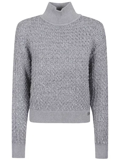 Elisabetta Franchi Cable Knit Tricot Sweater With Sequined Inserts And High Neck In Gray