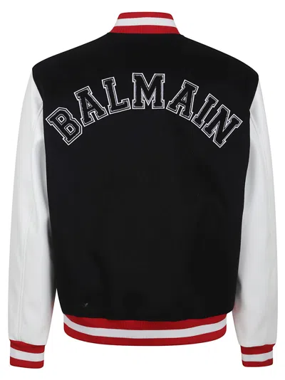 Balmain Wool And Eco-leather Varsity Jacket With Patch In Black
