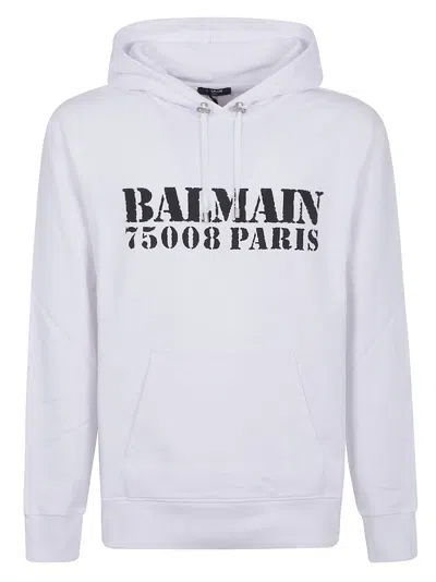 Balmain Stamped Cotton Hoodie Pocket In White