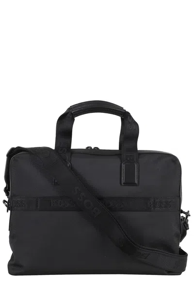 Hugo Boss Boss Structured Briefcase With Logo Applique And Removable Strap In Black