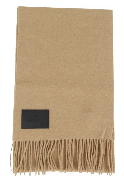 Hogan Logo-patch Fringed-edges Scarf In Sand