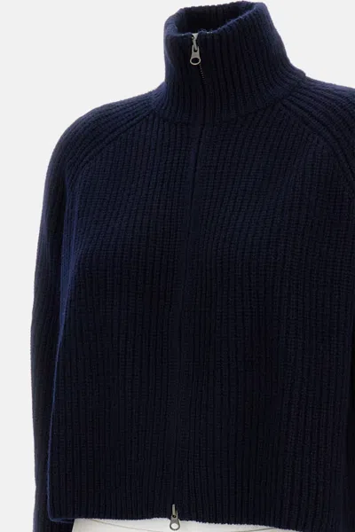 Lisa Yang High-neck Ribbed Knit Cardigan With Metal Zipper In Blue