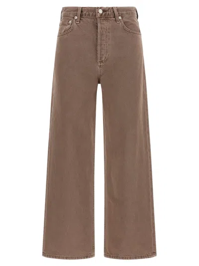 Agolde Wide Leg Denim Trousers With Front And Back Pockets In Brown