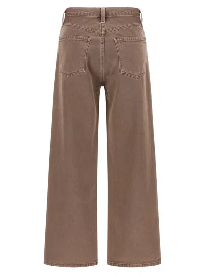 Agolde Wide Leg Denim Trousers With Front And Back Pockets In Brown