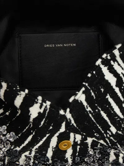 Dries Van Noten Two-tone Pleated Jacquard Clutch With Sequin Detail In Gray