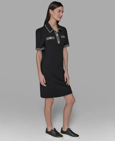 Karl Lagerfeld Tweed Trim Polo Dress In Black