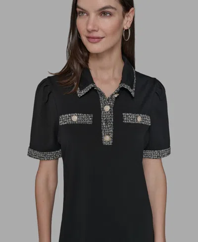 Karl Lagerfeld Tweed Trim Polo Dress In Black