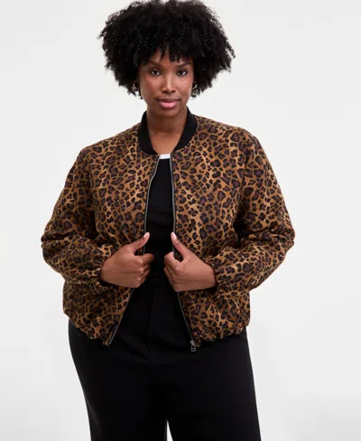 On 34th Trendy Plus Leopard-print Bomber Jacket, Macy's Exclusive In Multi
