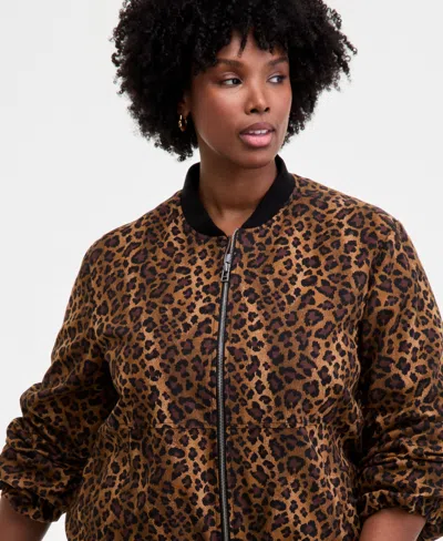 On 34th Trendy Plus Leopard-print Bomber Jacket, Macy's Exclusive In Multi