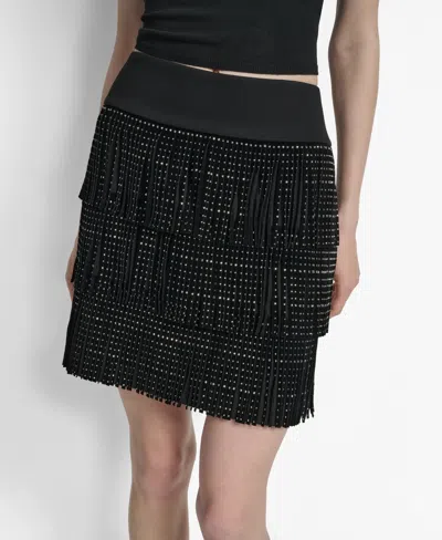 Dkny Women's Studded Fringe Mini Skirt In Black