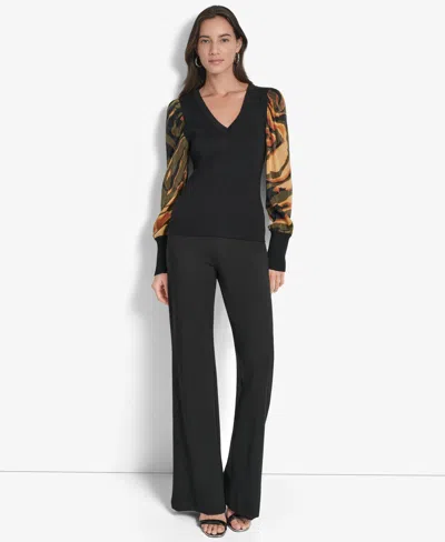 Dkny Women's V-neck Rib-knit Satin-long-sleeve In Black