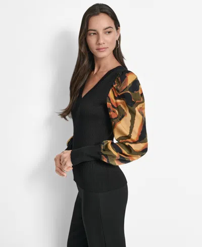 Dkny Women's V-neck Rib-knit Satin-long-sleeve In Black