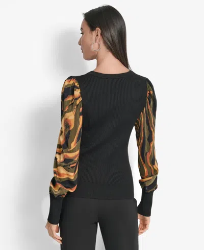 Dkny Women's V-neck Rib-knit Satin-long-sleeve In Black