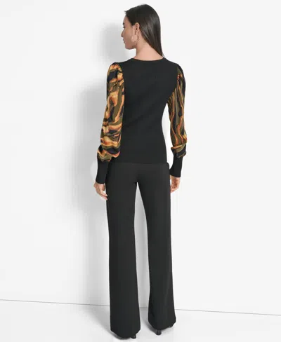 Dkny Women's V-neck Rib-knit Satin-long-sleeve In Black