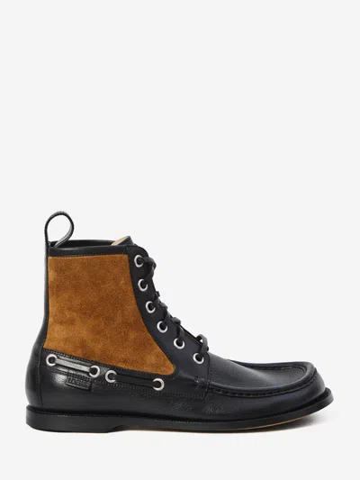 Loewe Rounded Toe Calfskin Bootie With Suede Inserts In Black