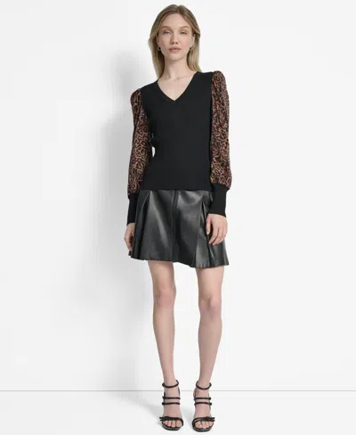 Dkny Women's V-neck Rib-knit Satin-long-sleeve In Black