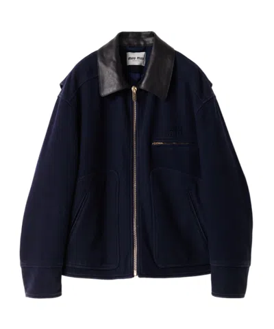 Miu Miu Washed Wool Cloth Blouson Jacket In Blue