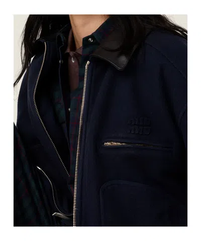 Miu Miu Washed Wool Cloth Blouson Jacket In Blue