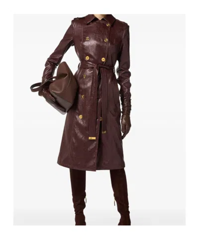 Elisabetta Franchi Double-breasted Coat With Epaulettes And Pockets In Brown