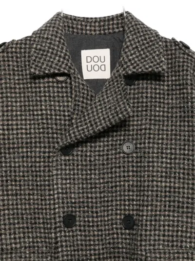 Douuod Gingham Belted Double-breasted Coat In Gray