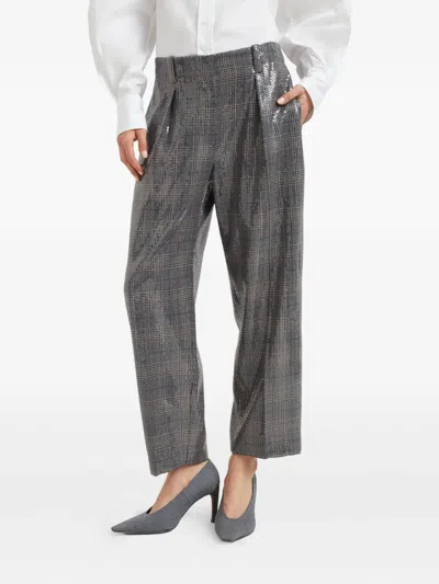 Brunello Cucinelli Sequin-embellished Check-pattern Trousers In Gray