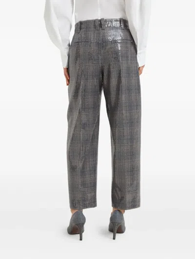 Brunello Cucinelli Sequin-embellished Check-pattern Trousers In Gray