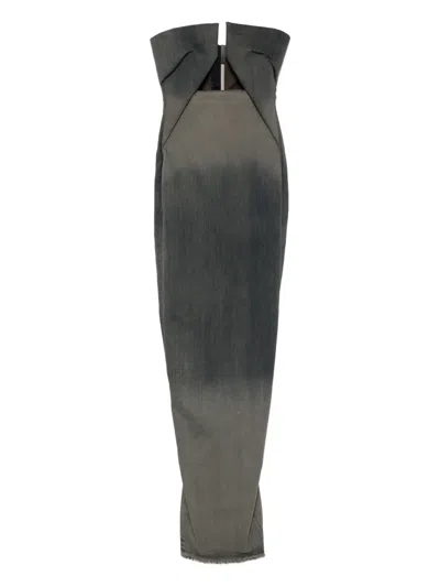 Rick Owens Abito Prong Strapless Gradient Denim Gown In Gray