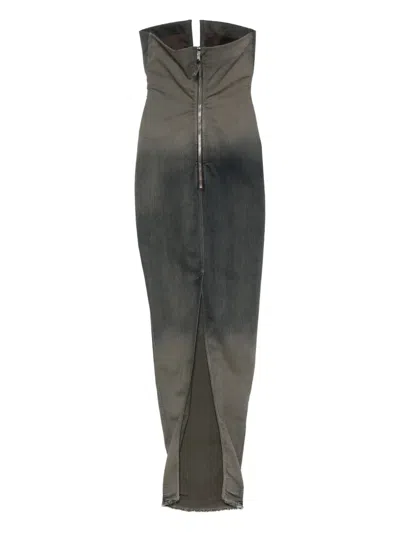 Rick Owens Abito Prong Strapless Gradient Denim Gown In Gray