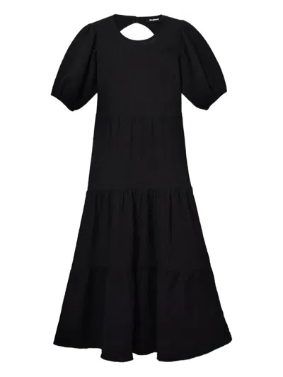 泡泡袖露背中长连衣裙