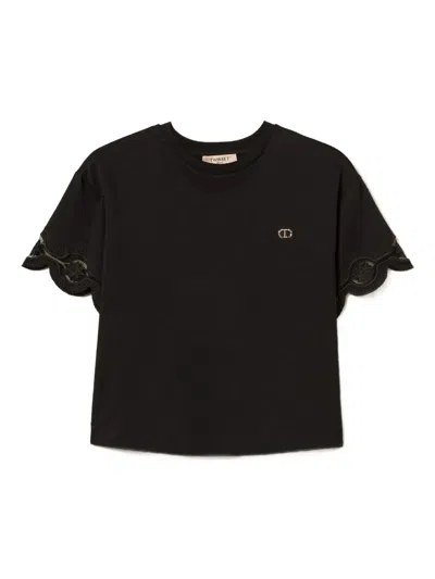 Twinset Scalloped-lace Cotton T-shirt In Blue