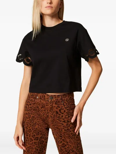 Twinset Scalloped-lace Cotton T-shirt In Blue