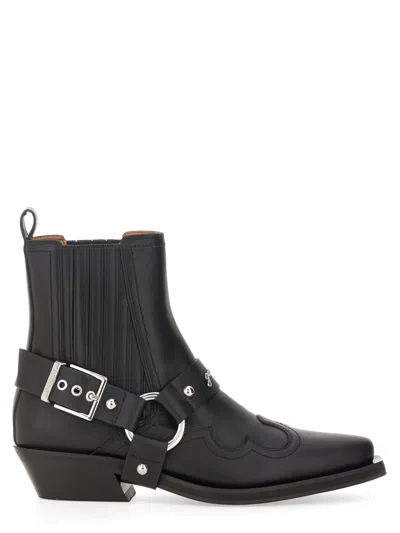 Ganni Embroidered Faux Leather Cowboy Boots In Black