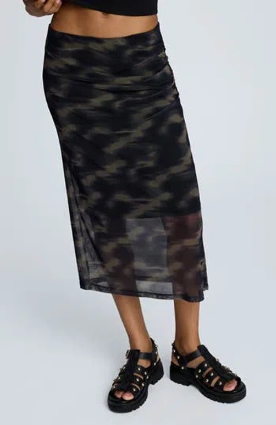 Kenneth Cole Printed Mesh Pull-on Side Ruched Midi Skirt In Multi