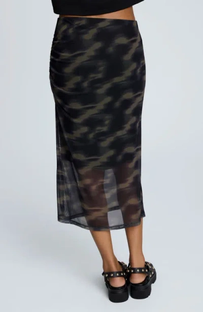 Kenneth Cole Printed Mesh Pull-on Side Ruched Midi Skirt In Multi