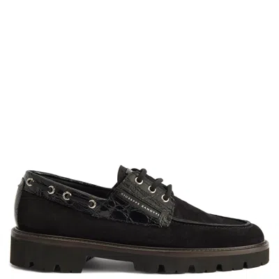 Giuseppe Zanotti Crocodile-effect Suede Lace-up Boat Shoes In Black