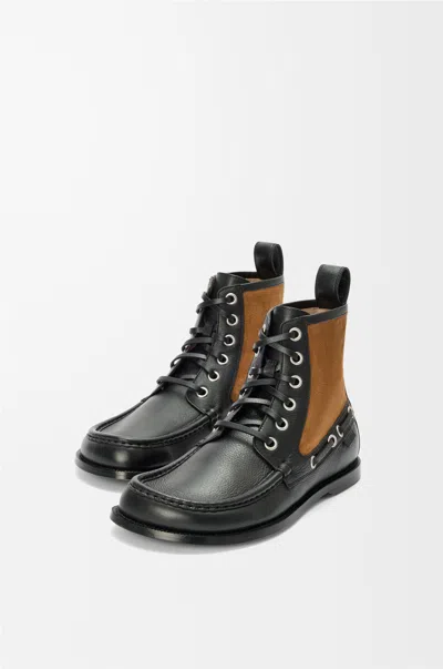 Loewe Rounded Toe Calfskin Bootie With Suede Inserts In Black