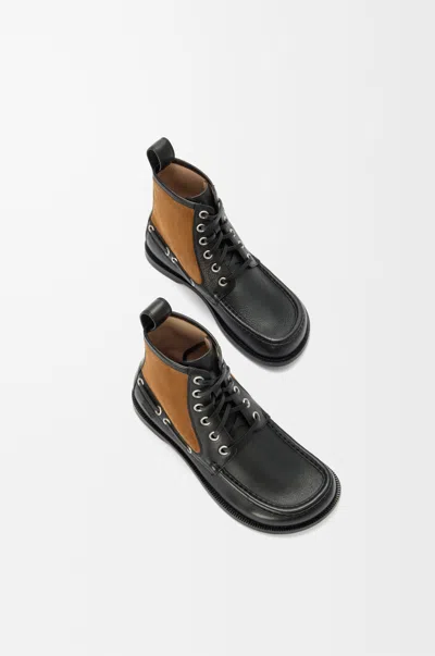 Loewe Rounded Toe Calfskin Bootie With Suede Inserts In Black