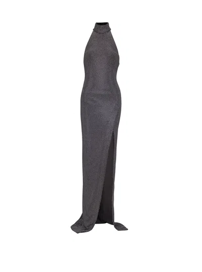 Balmain Long Velvet Halterneck Dress With Rhinestones In Gray