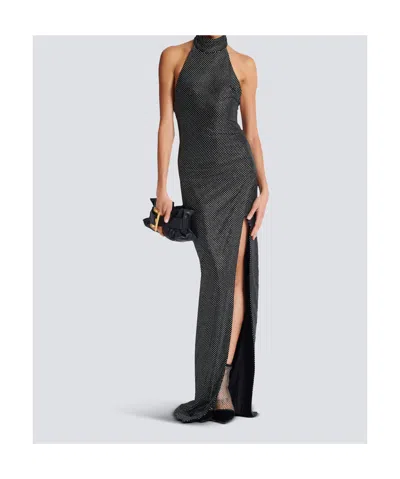 Balmain Long Velvet Halterneck Dress With Rhinestones In Gray