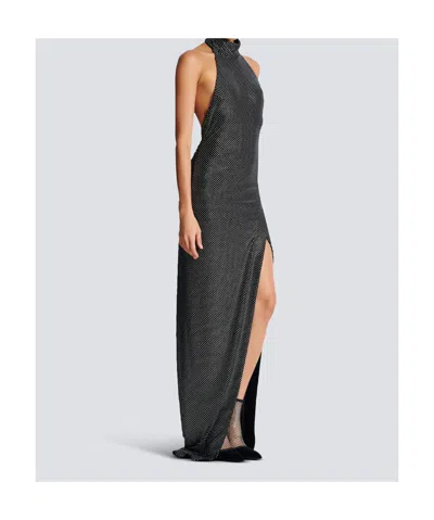 Balmain Long Velvet Halterneck Dress With Rhinestones In Gray