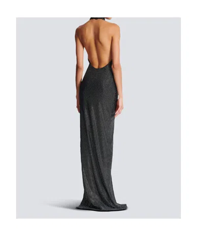 Balmain Long Velvet Halterneck Dress With Rhinestones In Gray