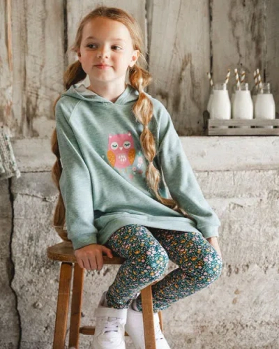 Deux Par Deux Hooded Tunic With Owl In Green