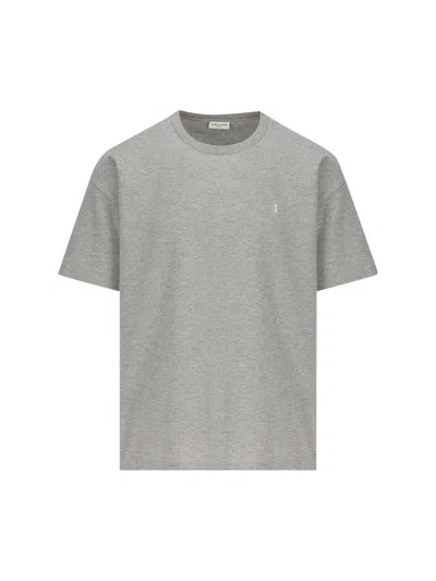 Saint Laurent Grey Crewneck T-shirt With Cassandre Embroidery In Cotton Man In Gray