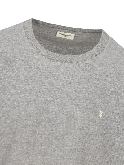 Saint Laurent Grey Crewneck T-shirt With Cassandre Embroidery In Cotton Man In Gray